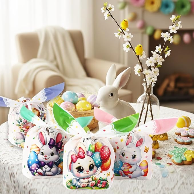 Easter Goodies Bags, Happy Easter Gift Bags, 100 Pcs Cute Bunny Plastic Treat Candy Cookie Snack Goody Reusable Bag for Gifts Wrapping Spring Holiday Easter Party Favor Decorations Supplies 6 Designs