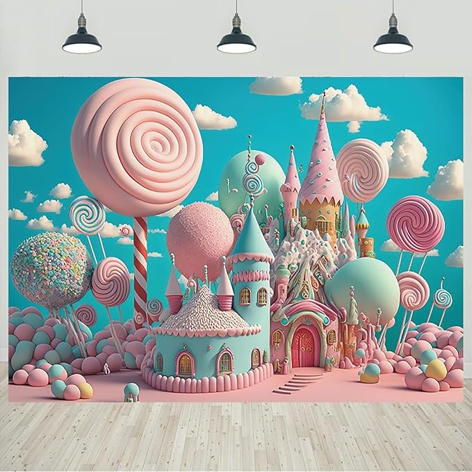 12x8ft Candyland Backdrop Fantasy Pink Sweet Candy Castle Photography Background Children's Birthday Party Candyland Theme Decorations Banner Photo Studio Props