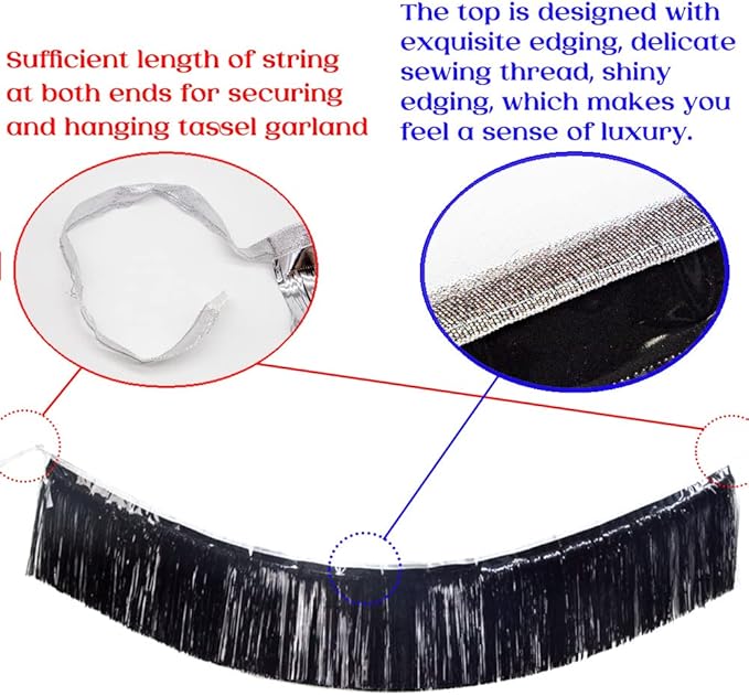 Premium Black Fringe Tinsel Garland for Party Decorations -4 Layers Thick, 2 Pack | LILF Foil Metallic Banner Party Streamers for Wedding Birthday Christmas Decoration Home Hanging