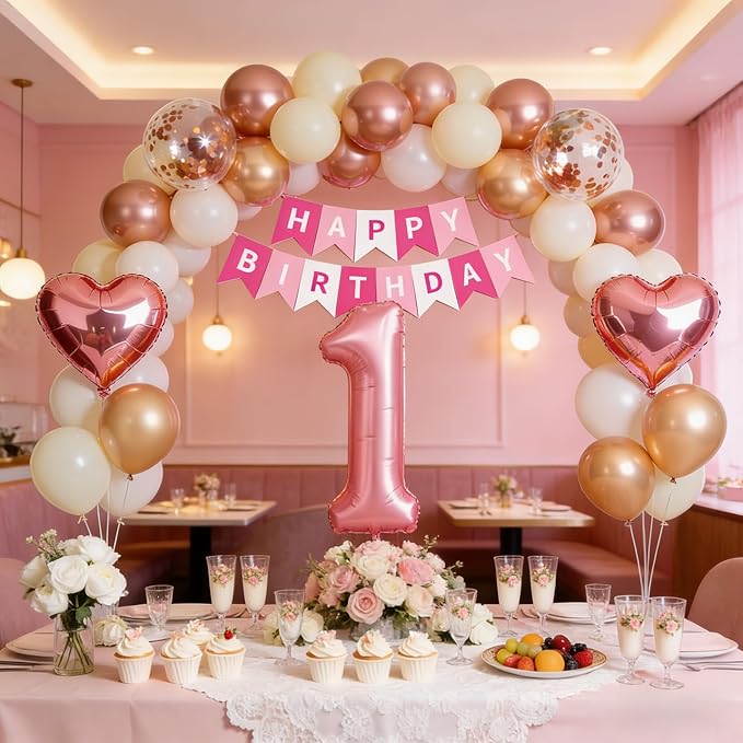 1st Birthday Decorations for Baby Girl, Retro Blush and Hot Pink Party Supplies Set with Happy One Banner, Rose Gold Number 1 Balloon and Foil Fringe Curtains, 1 Year Old Celebration Kit