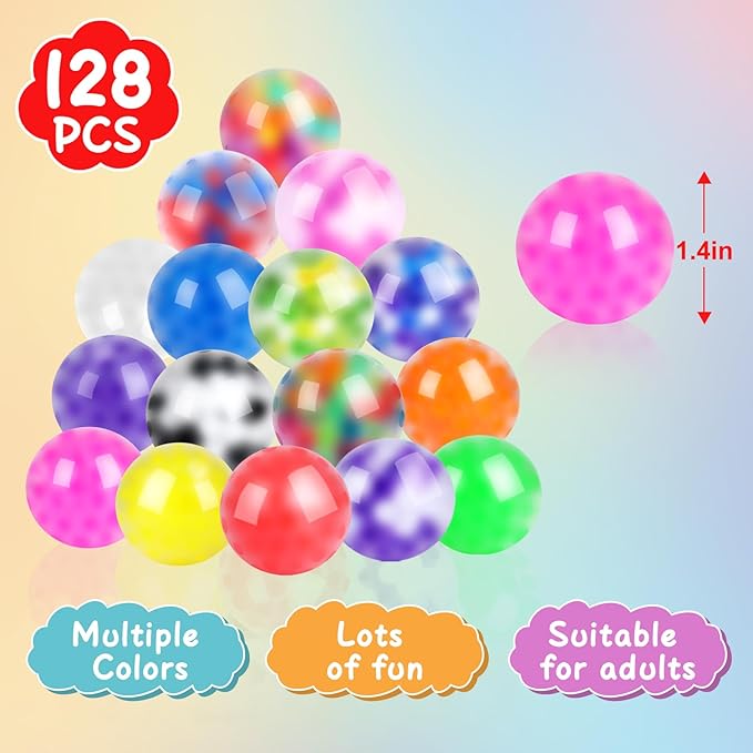 128 Pack Stress Balls for Adults, Bulk Squishy Ball, Bulk Stress Balls Set, Anti-Anxiety and Fidget Balls to Relax, Party Favors, Birthday Gifts, Goodie Bag Stuffers