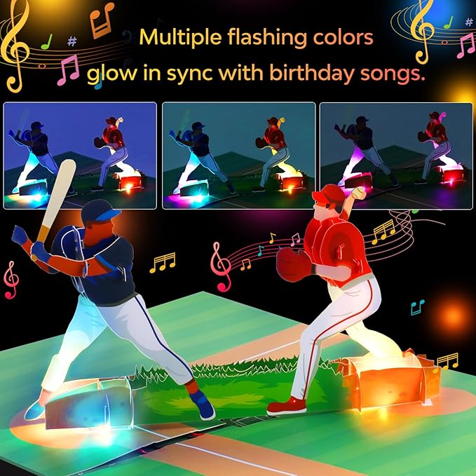Magic Ants Musical 3D Pop-Up Baseball Card, Plays "Happy Birthday to You" Tune, Light-Up Baseball Scene with Batting & Pitching Players, Interactive Greeting Card for Baseball Fans, Players, Coaches, Collectors