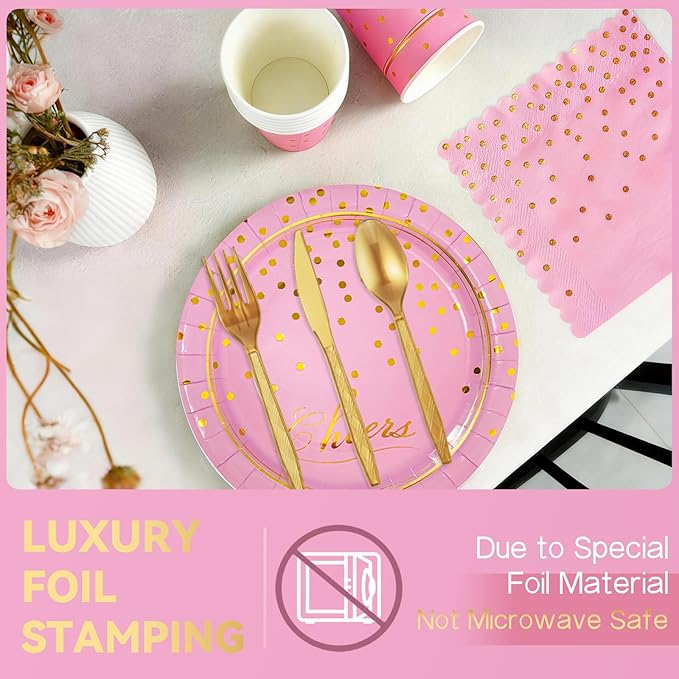 OuMuaMua Disposable Pink Paper Plates Party Supplies for 24 Guests, 168 Pcs Party Plates, Cups and Napkins with Utensils Set for Girls Birthday Baby Shower Princess Party Decor