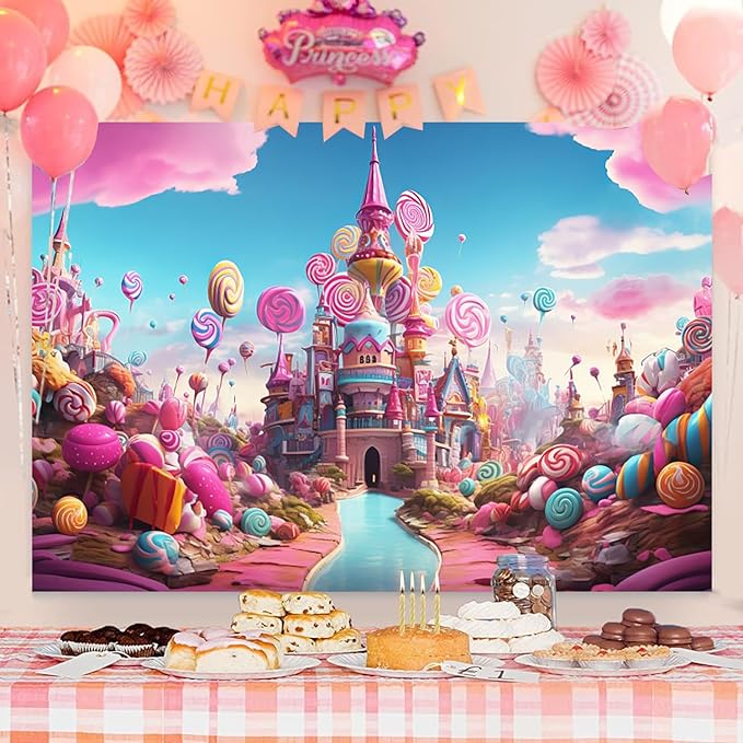 8x6ft Candyland Backdrop Fantasy Pink Castle Sweet Candy Photography Background Girls Birthday Candyland Theme Party Decorations Banner Photo Studio Props