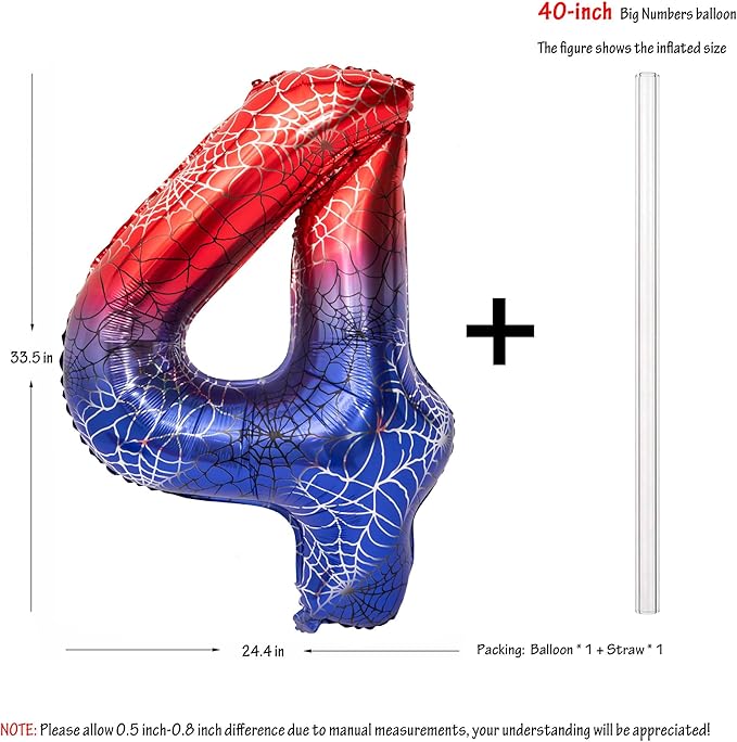 40 Inch Red and Blue Spider Theme Large Number 4 Balloon Giant Foil Birthday Balloons for Spider Theme Party Boy or Girl 4 th Birthday Wedding Anniversary Baby Shower Party Decorations