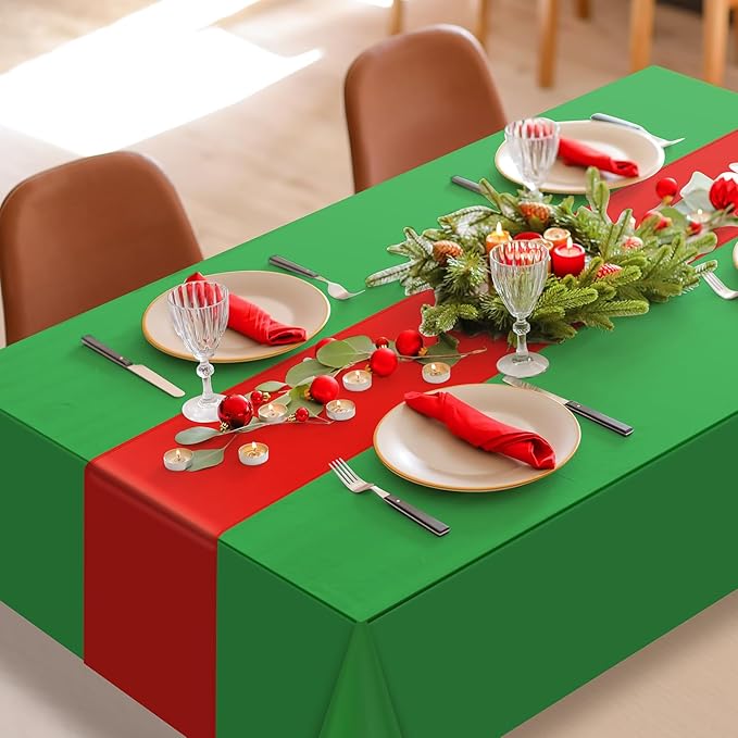 12 Pack 12x108 Inch Satin Table Runner and 84 Inch Rectangle Plastic Tablecloths Set Christmas Green and Red Disposable Table Cloth for New Year Christmas Wedding Holiday Anniversary Party Decorations