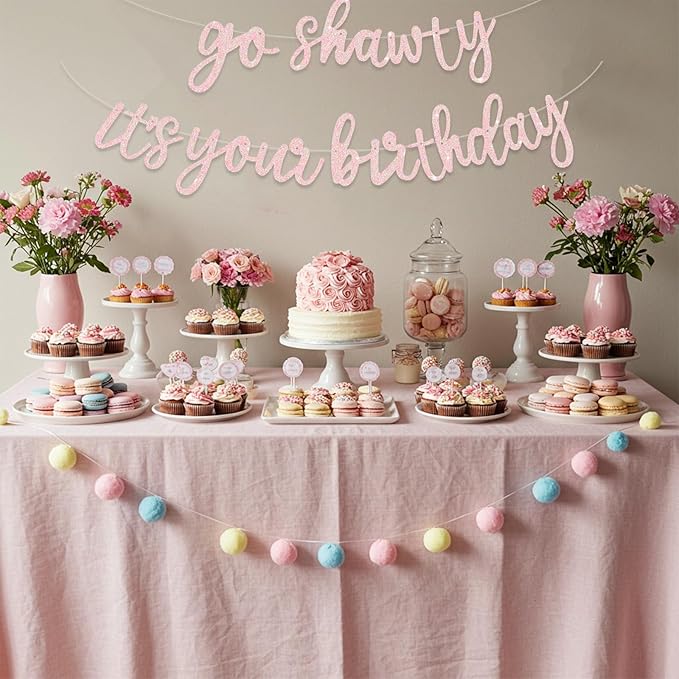 BEISHIDA Go Shawty It's Your Birthday Banner NO DIY Hip Hop Theme Happy Birthday Banner Pre-Strung Rap Theme Happy Birthday Sign for Man Women birthday Party Supply Glitter Light Pink
