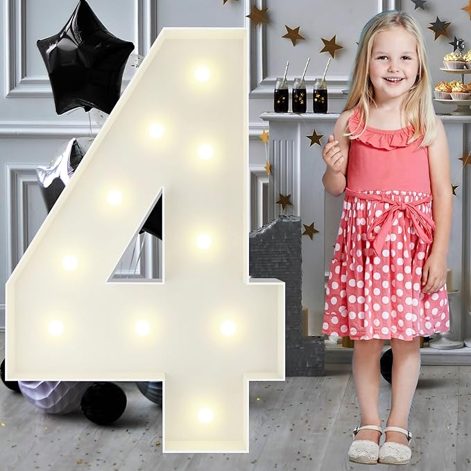 3FT Marquee Light Up Numbers Pre-Cut Frame Giant Marquee Numbers 4, Mosaic Numbers for Balloons, 14th 24th 34, 40th Birthday Decorations for Women Men, 40th Anniversary Decorations, Party Decor
