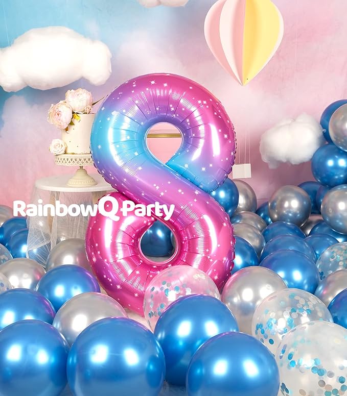 8 Balloon Number 40 Inch for Boy or Girl Big Starry 0-9 Foil Mylar Large 8 Number Balloon Happy 8th Birthday Party Anniversary Decorations Supplies