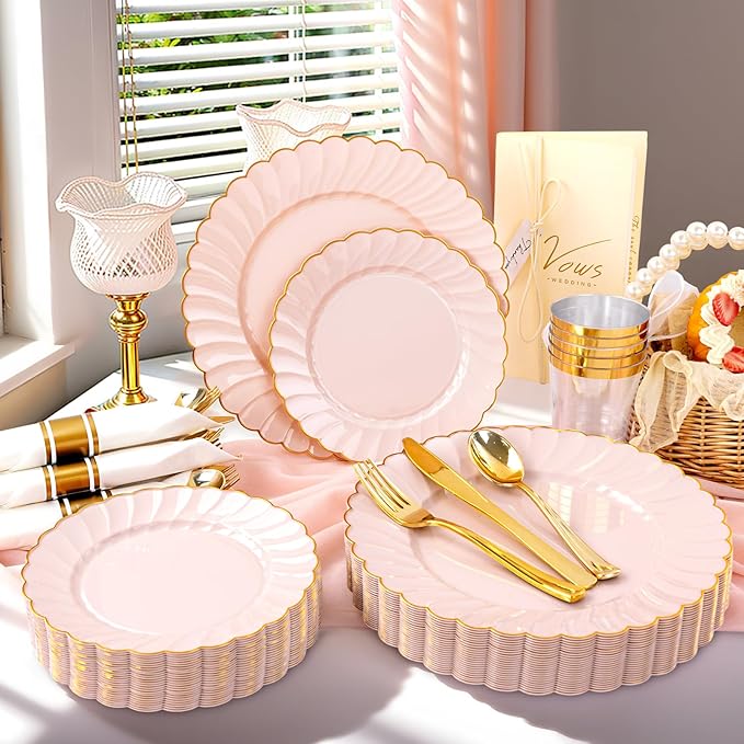 YOUBET 350PCS Pink Scalloped Plastic Plates - Pink and Gold Disposable Dinnerware Set Include 100 Plates, 150 Gold Silverware, 50 Cups, 50 Napkins for Wedding & Party Easter Mothers Day