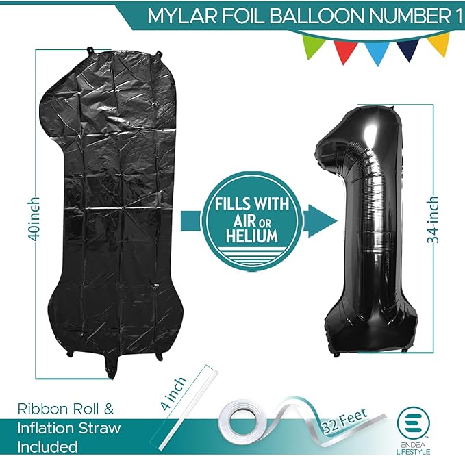 40 Inch Large Black Number Celebration and Decoration Balloon for Birthday Parties, Graduations, Anniversaries, Weddings, Photo Shoots, Special Events - Helium Foil Mylar (Black Number 1)