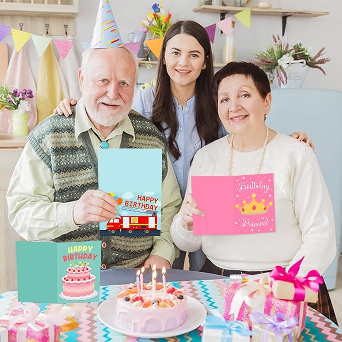 Hooqict Birthday Cards for Kids (4"x6") 10 Assorted Happy Birthday Cards with Envelopes and Greetings Inside (Carnival, Princess, Cake, Animals, Space, Gift Box, Balloons) for Boys Girls 1 2 3 4 5+