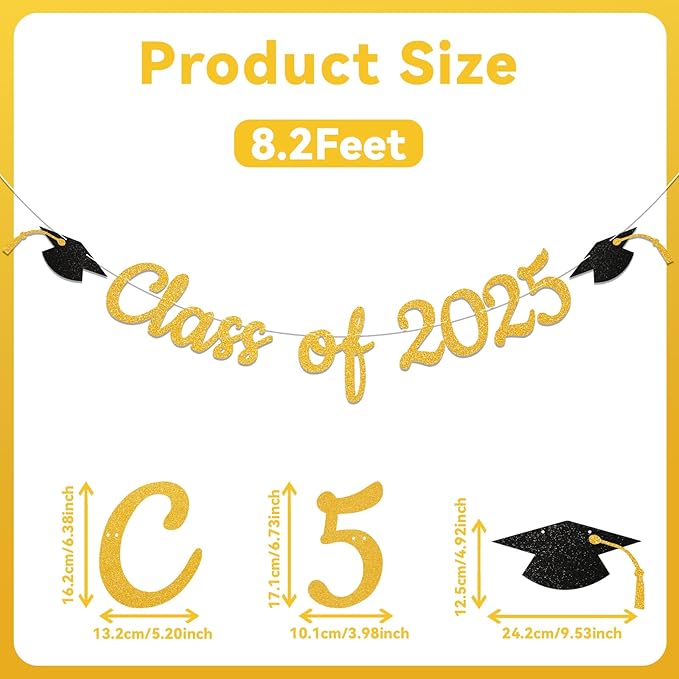 Class of 2025 Banner - 2025 Graduation Decorations, Congrats Grad Decor, We are So Proud of You Banner, 2025 Senior High School Graduation Party Decoration(Gold)
