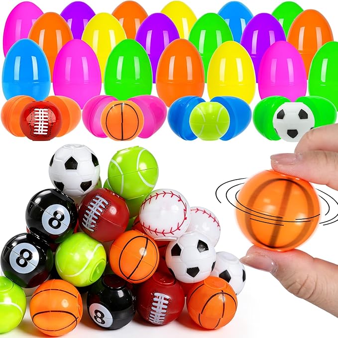 24 Pack Easter Egg Fillers with Fidget Spinner Sports Balls Toy, Easter Eggs Hunts Filling Soccer Baseball Easter Basket Stuffers Squeeze Stress Relief Toys for Kids Toddler Teens Boys Girls
