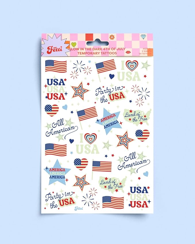 xo, Fetti Fourth of July Tattoos - 60 designs Glow in the Dark | Patriotic Party Decor, Red White Blue, USA Flag, Kids Birthday, American Independence Day, Temporary Tattoos