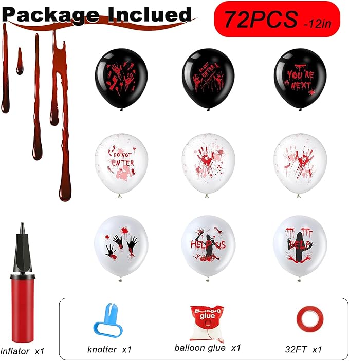 Leesoot 72pcs 12inch Scary Latex Balloons, Eye Blood Splatter Horror Balloon for Halloween Birthday Bloody Party Spooky Party Terror Decoration Vampire Haunted House Party Supplies With Tools