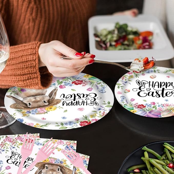 Spring Happy Easter Party Tableware Set 96 Pcs Disposable Plates Napkins Forks Cartoon Cute Rabbit Colored Egg Flower Kids Easter Party Decorations Serve 24 Guests