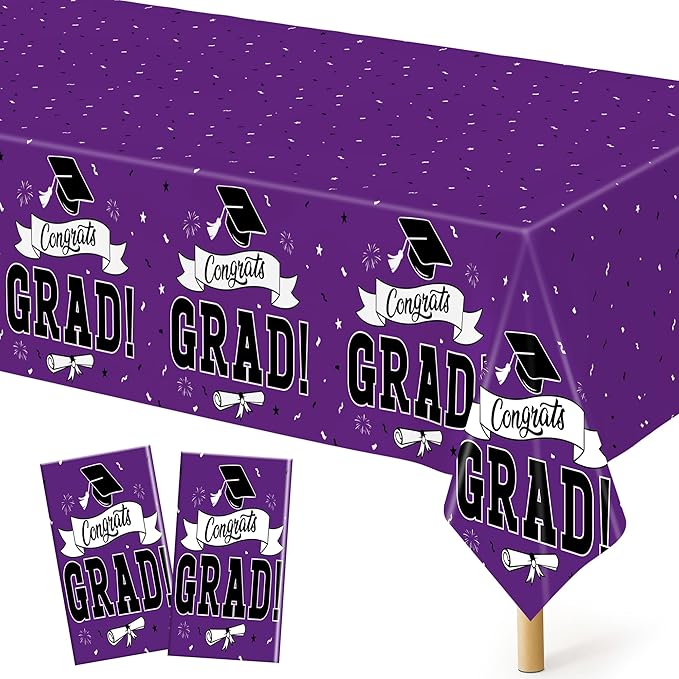 QZYL 2 Pcs Graduation Tablecloth, 108" X 54" Plastic Graduation Decorations 2026, Rectangle Purple Table Cloths for Grad Decor Party Supplies, Disposable Tablecover for Class of 2026 Congrats Grad
