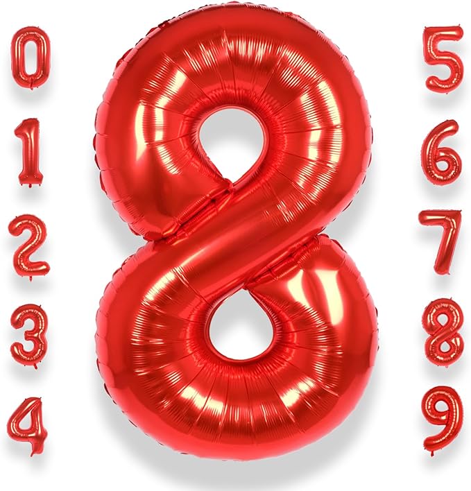 AULE 40 Inch Big Red 8 Balloon Number Large Foil Helium Number Balloons 0-9 Jumbo Giant Happy 8th Birthday Party Decorations for Boy or Girl Huge Mylar Anniversary Party Supplies