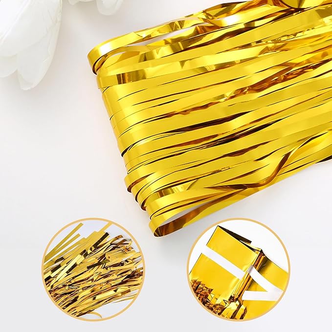 12 Pack Gold Foil Curtain Backdrop 3.2ft x 6.6ft Metallic Tinsel Fringe Backdrop Curtains Streamer Photo Booth Backdrop for Birthday Engagement Bachelorette Christmas Holiday Party Decorations