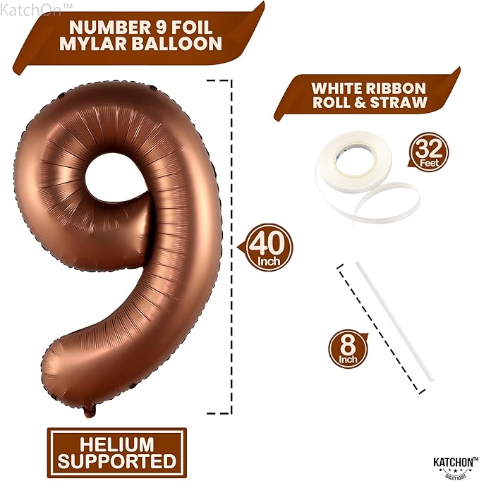 KatchOn, Giant Coffee Brown Number 9 Balloon - 40 Inch | Foil 9 Birthday Balloon for 9th Birthday Decorations | 9th Anniversary Decoration | Coffee Party Decor