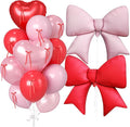 Paready Red Heart Balloons, 38 Inch Pink Bow Balloons, Pearl Pink Red Valentine Balloon Latex and Bow Heart Shaped Foil Balloon for Girls Birthday Bridal Baby Shower Valentines Decorations
