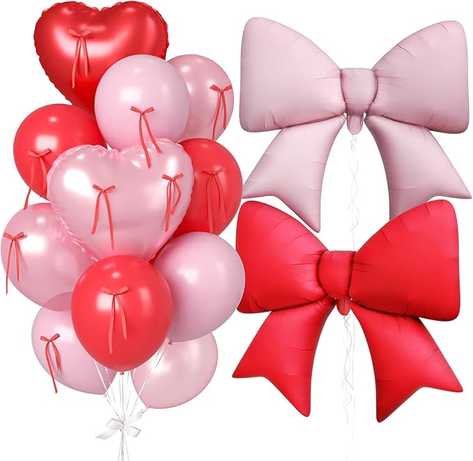 Paready Red Heart Balloons, 38 Inch Pink Bow Balloons, Pearl Pink Red Valentine Balloon Latex and Bow Heart Shaped Foil Balloon for Girls Birthday Bridal Baby Shower Valentines Decorations