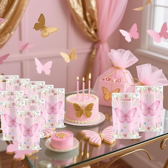 YYaaloa 30pcs Pink Goodie Bags Party Favor Plastic Candy Gift Bags Bulk for Birthday Baby shower Return Gift (Butterfly B 30pcs)