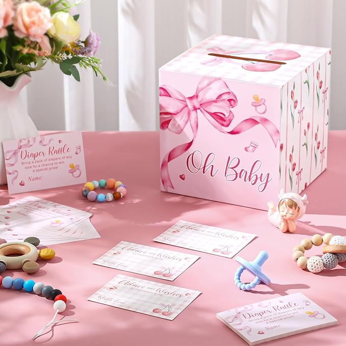 Funrous 51 Diaper Raffle Tickets with Box for Baby Shower Game Invitations Diaper Raffle Card for Gender Reveal Baby Shower Party Decoration Table Centerpiece(Pink Color)