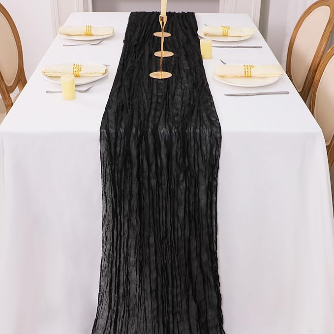 Snowkingdom 6PCS 10 Ft Black Cheesecloth Table Runner, 120 inch Long Cheese Cloth Boho Gauze Runners for Wedding Bridal Baby Shower Birthday Holiday Party Halloween Table Decorations