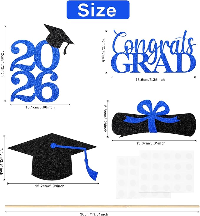 Graduation Decorations 2026, 16 PCS Black Blue Graduation Centerpieces for Tables, Double-Sided Table Toppers Centerpieces, Class of 2026 Grad Party Decorations 2026