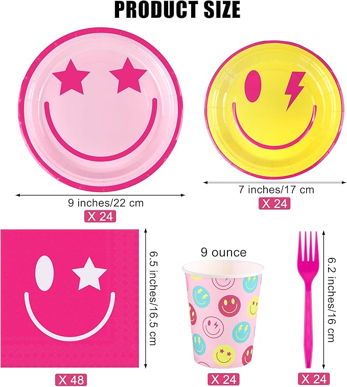 Kochorie 144 Pieces Preppy Smile Party Tableware Sets Including Disposable Plates Napkins Cups Forks Serves 24 for Smile Face Party Birthday Baby Shower Decor Party Supplies
