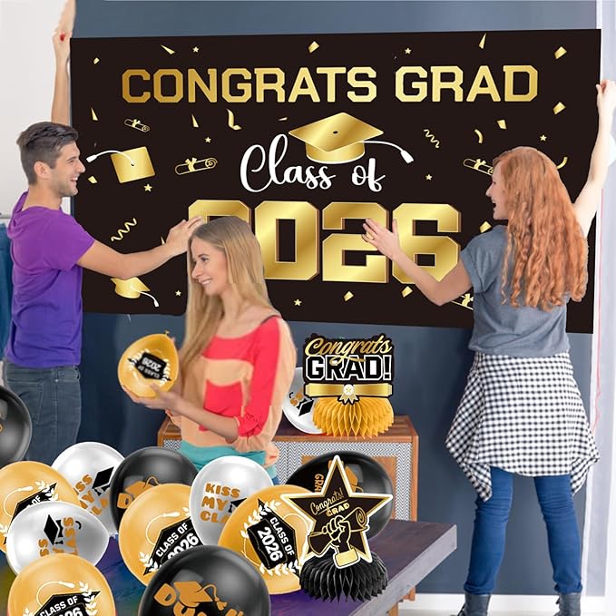 Graduation Decorations 2026 Gold Themed Set - Congrats Grad Banner, Class of 2026 Backdrop, Balloons & Streamers Kit - Complete Party Supplies for High School & College Celebrations