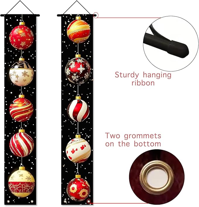 Nuxovilar Christmas Decorations Outdoor Yard Front Porch Sign Set, Black Background Christmas Ball Door Banners, Hanging Decor for Home Wall Yard