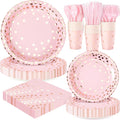 Pink and Rose Gold Dots Plates Set for 24 Guests, 168PCS Disposable Dinnerware,Party Supplies Paper Plates Napkins Cups Pink Cutlery for Birthday Baby Shower Wedding Graduation Retirement Anniversary