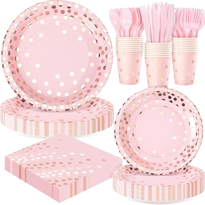 Pink and Rose Gold Dots Plates Set for 24 Guests, 168PCS Disposable Dinnerware,Party Supplies Paper Plates Napkins Cups Pink Cutlery for Birthday Baby Shower Wedding Graduation Retirement Anniversary