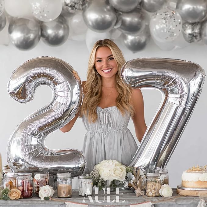AULE 40 Inch Big Silver 2 Balloon Number Large Foil Helium Number Balloons 0-9 Jumbo Giant Happy 2nd Birthday Party Decorations for Boy or Girl Huge Mylar Anniversary Party Supplies