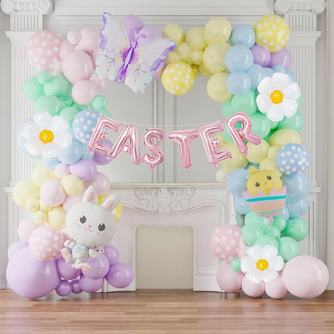 Easter balloon garland arch kit pastel balloons with Easter egg chicken daisy bunny Butterfly Pastel pink letter foil balloons for spring big resurrection day baby shower party decorations