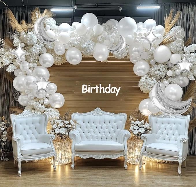 White Balloons Arch Double Stuffed Pearl White Star Moon Balloon Garland Different Sizes Cream Ivory Balloons for Birthday Baptism Bridal Baby Shower Christmas Wedding Prom Galaxy Party Decorations