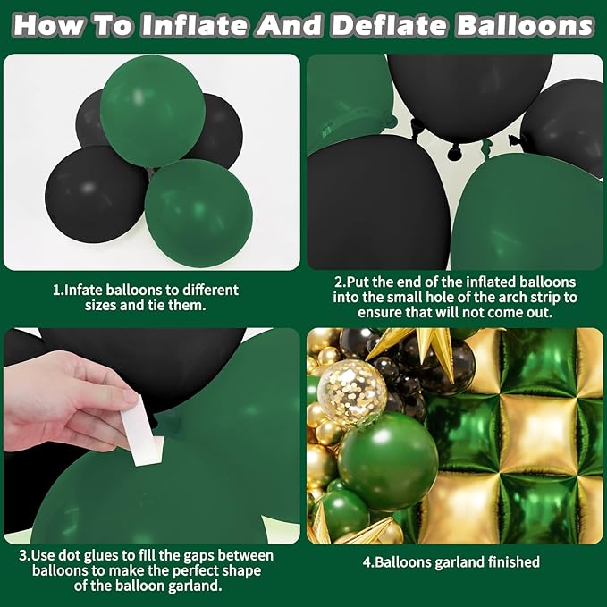 152Pcs Green and Gold Foil Square Balloon Wall Backdrop with Emerald Green Gold Black Latex Balloons Arch Garland Kit, Double Sided Balloon Tunnel for Baby Shower Jungle Graduation Party Decorations