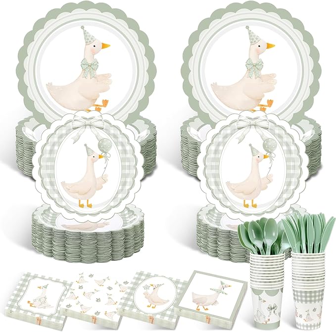 Zhehao 350 Pcs One Silly Goose Birthday Party Tableware Set Sage Green Scalloped Baby Shower Plates Cup Napkins Forks for Birthday Party Decorations Supplies for 50 Guests