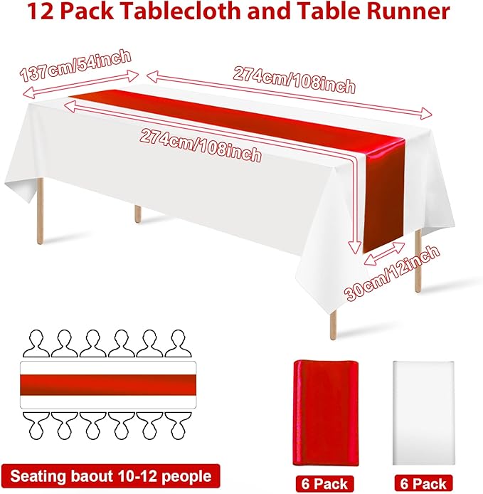 12Pack 12x108 Inch Satin Table Runner and 54x108 Inch Plastic Tablecloths Set Red and White Disposable Rectangle Table Cover for Graduation Wedding Bridal Shower Anniversary Birthday Party Decorations