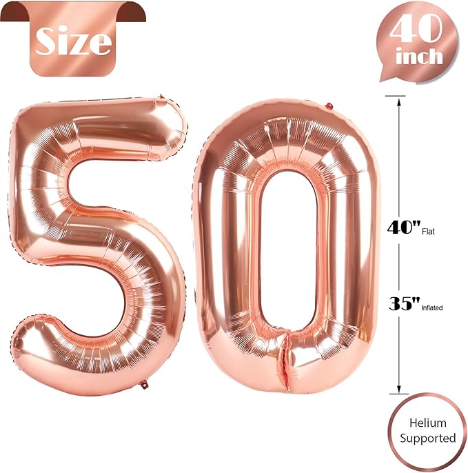 Rose Gold Number 50 Balloon 40 inch, 50 Number Balloons, 50th Birthday Decorations, 50 Year Old Women Men Rose Gold Party Supplies