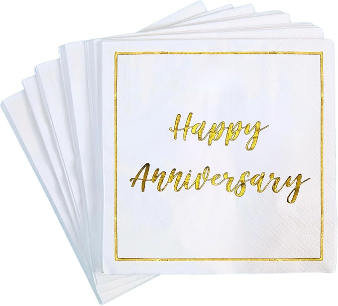 Happy Anniversary Decorations, 50 Pack, Gold Foil Cocktail Napkins, Wedding Dating Anniversaries Decorations Decor Supplies, Beverage Napkin