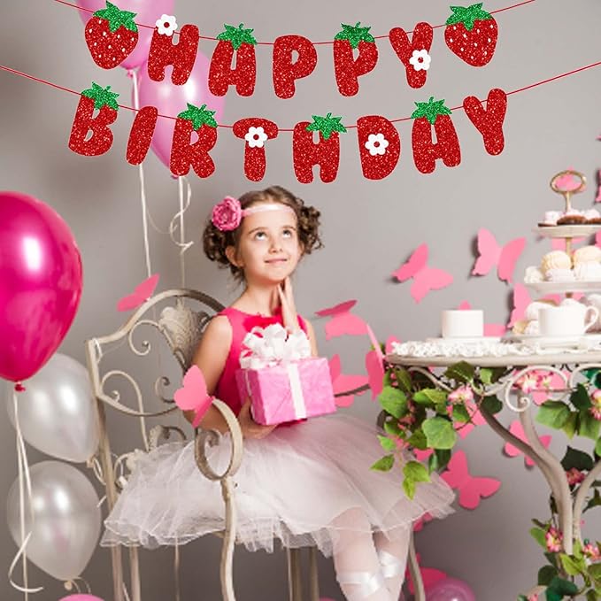 Strawberry Happy Birthday Banner, Glitter Strawberry Banner, Strawberry Theme Birthday Garland for Birthday Party Hanging Decorations