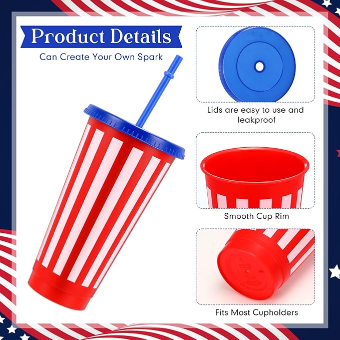 Baderke 24 Pcs 4th of July Plastic Cups Red 24 oz White and Blue Plastic Cups with Lids and Sleeves Stars Stripes Design Drinking Tumbler for Patriotic Memorial Day Reusable Fourth Decor for Party