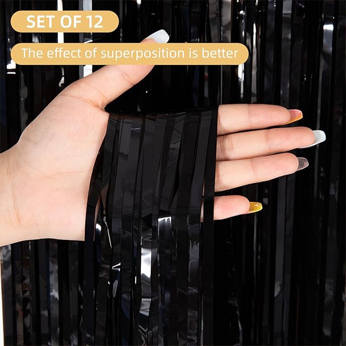 12 Pack Black Foil Curtain Backdrop 3.2ft x 6.6ft Metallic Tinsel Fringe Backdrop Curtains Streamer Photo Booth Backdrop for Birthday Engagement Bachelorette Christmas Holiday Party Decorations