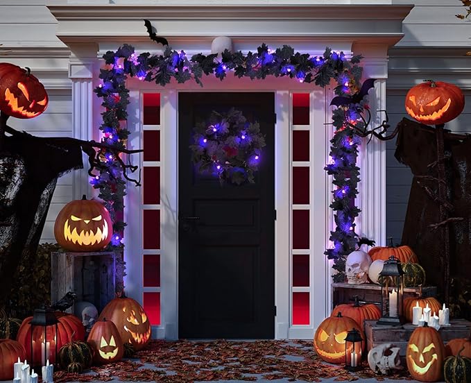 RECUTMS Artificial Maple Leaves with Lights 5.7Ft Fall Hanging 30 Bulbs The Leaf Black for Garland Outdoor Indoor