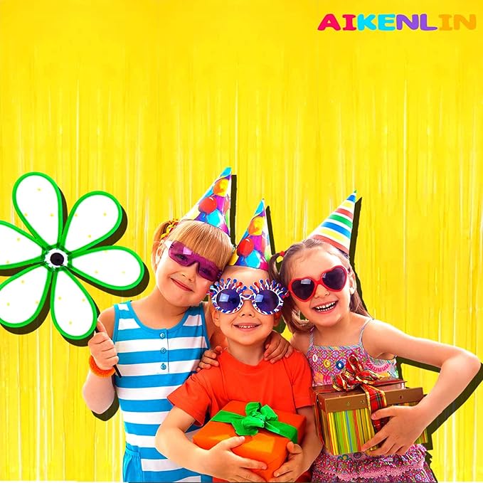 4 Pack 3.2Ft x 8.2Ft Yellow Foil Fringe Curtain Backdrop, Metallic Tinsel Foil Fringe Streamers Curtains Background for Photo Booth, Birthday, Wedding, Disco, Bachelorette, Christmas Party Decoration