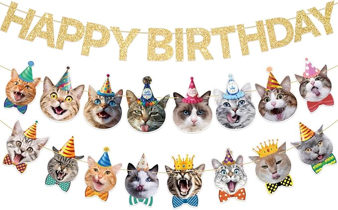 Cat Happy Birthday Banner - Cat Birthday Decorations Party Decor Supplies for Kids, Boys, Girls